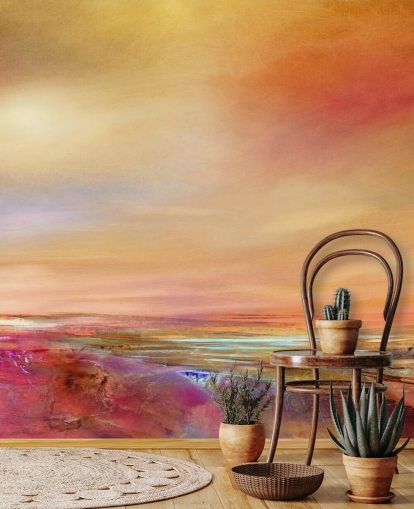 orange, pink and yellow sky and landscape painting wallpaper