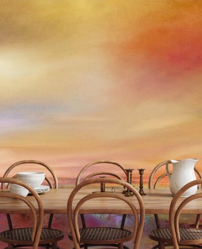 orange, pink and yellow sky and landscape painting wallpaper