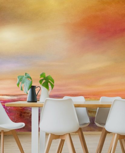 orange, pink and yellow sky and landscape painting wallpaper