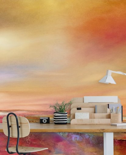orange, pink and yellow sky and landscape painting wallpaper