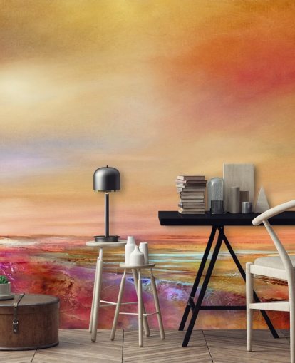 orange, pink and yellow sky and landscape painting wallpaper