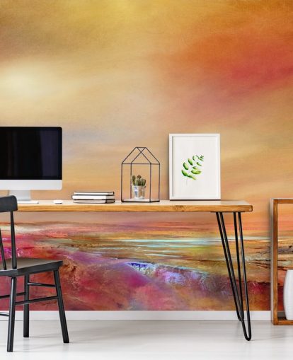 orange, pink and yellow sky and landscape painting wallpaper