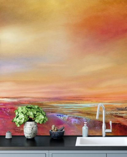 orange, pink and yellow sky and landscape painting wallpaper