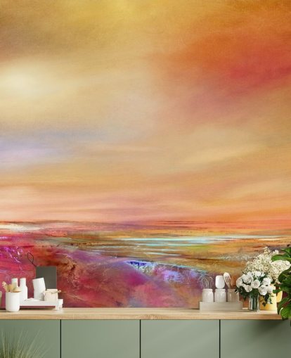 céu laranja, rosa e amarelo e pintura de paisagem papel de parede