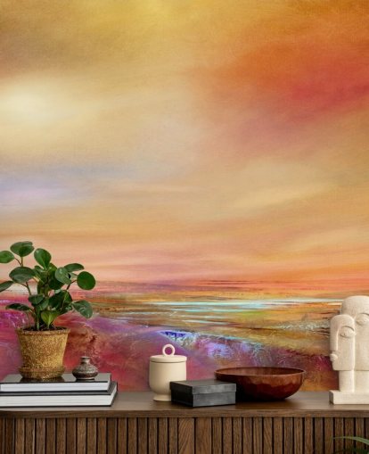 papier peint peinture ciel et paysage orange, rose et jaune