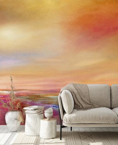 orange, pink and yellow sky and landscape painting wallpaper