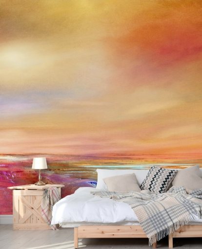orange, pink and yellow sky and landscape painting wallpaper