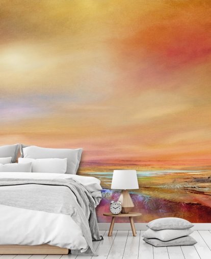 orange, pink and yellow sky and landscape painting wallpaper