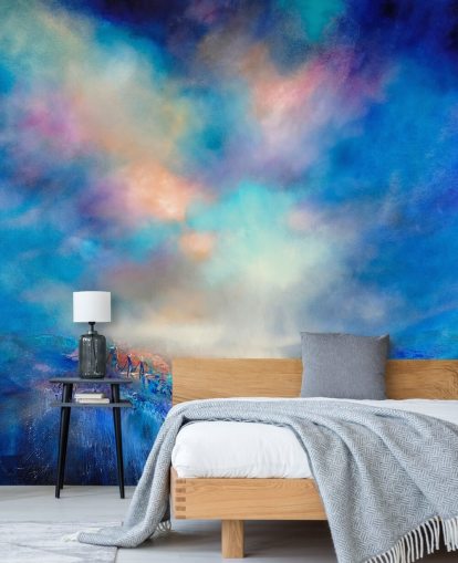 abstrakt blå landskab med gyldne bro i det fjerne tapet abstrakt blå landskab med gyldne bro i det fjerne tapet