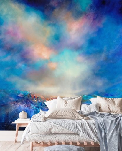 abstract blauw landschap met gouden brug in de verte behang abstract blauw landschap met gouden brug in de verte behang