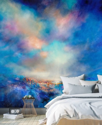 abstract blue landscape with golden bridge in the distance wallpaper