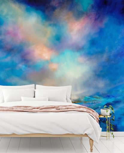 abstract blauw landschap met gouden brug in de verte behang