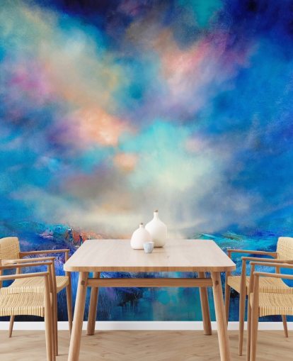 abstract blauw landschap met gouden brug in de verte behang