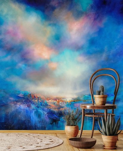 abstract blue landscape with golden bridge in the distance wallpaper