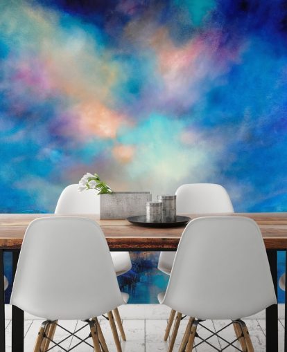 abstract blauw landschap met gouden brug in de verte behang