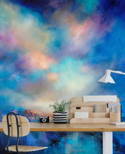 abstract blauw landschap met gouden brug in de verte behang