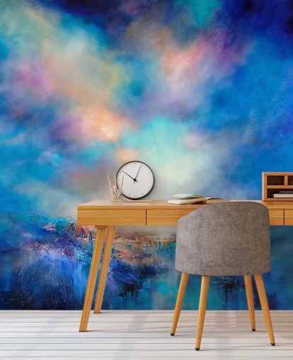 abstract blauw landschap met gouden brug in de verte behang abstract blauw landschap met gouden brug in de verte behang