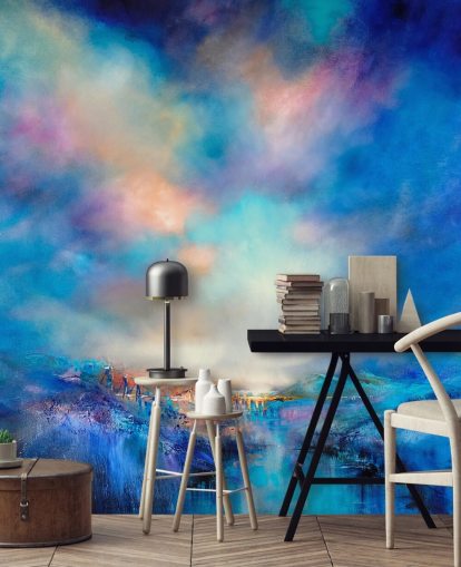 abstract blauw landschap met gouden brug in de verte behang abstract blauw landschap met gouden brug in de verte behang