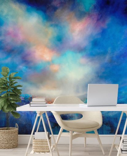 abstract blauw landschap met gouden brug in de verte behang