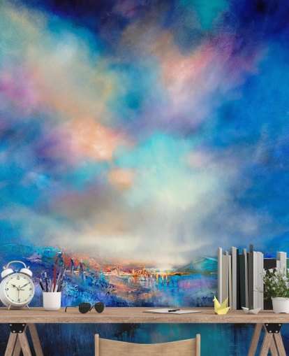 abstract blauw landschap met gouden brug in de verte behang