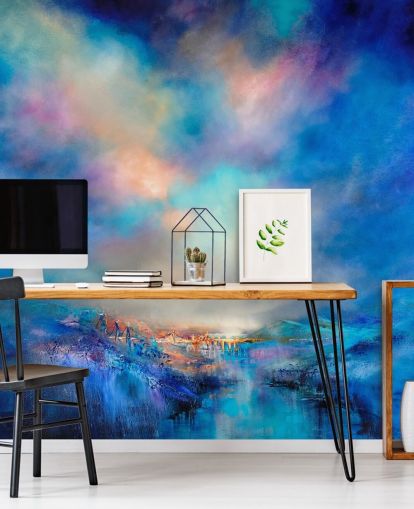 abstract blauw landschap met gouden brug in de verte behang abstract blauw landschap met gouden brug in de verte behang