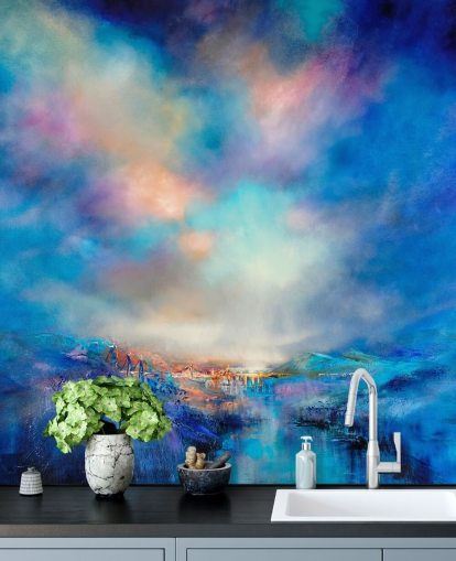 abstract blue landscape with golden bridge in the distance wallpaper