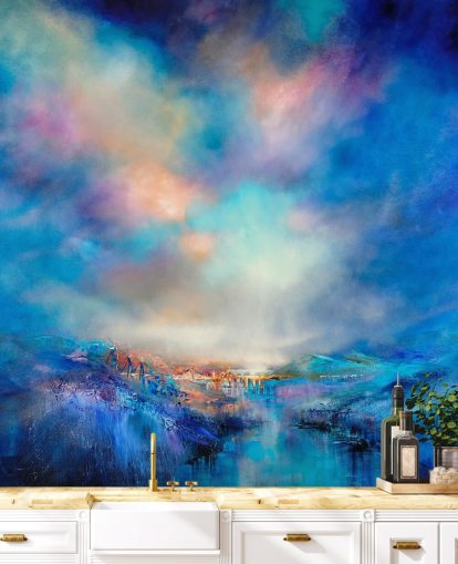 abstract blue landscape with golden bridge in the distance wallpaper