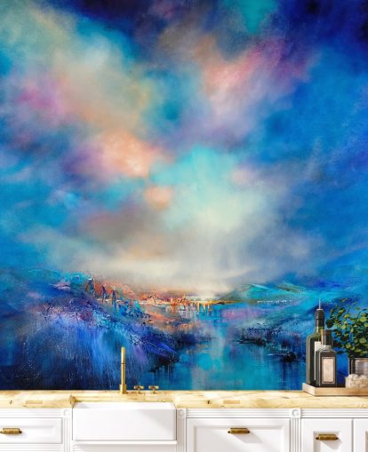 abstract blauw landschap met gouden brug in de verte behang