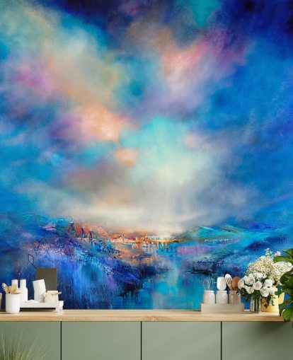 abstract blue landscape with golden bridge in the distance wallpaper