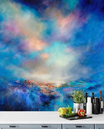 abstrakt blått landskap med gyllen bro i det fjerne tapet abstrakt blått landskap med gyllen bro i det fjerne tapet