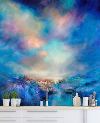 abstract blue landscape with golden bridge in the distance wallpaper