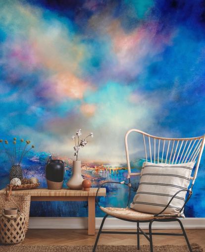 astratto blu paesaggio con ponte dorato in lontananza carta da parati