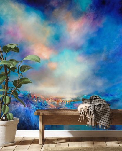 abstract blauw landschap met gouden brug in de verte behang abstract blauw landschap met gouden brug in de verte behang