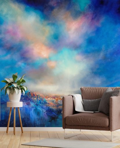 abstract blauw landschap met gouden brug in de verte behang abstract blauw landschap met gouden brug in de verte behang