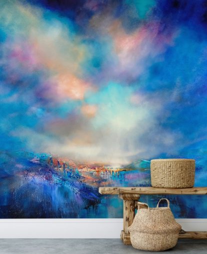 abstract blauw landschap met gouden brug in de verte behang abstract blauw landschap met gouden brug in de verte behang