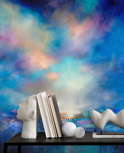 abstract blue landscape with golden bridge in the distance wallpaper