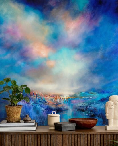 paisagem azul abstrata com ponte dourada no papel de parede distância