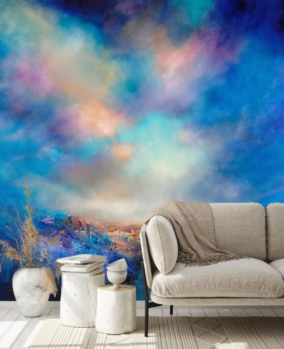 abstract blue landscape with golden bridge in the distance wallpaper