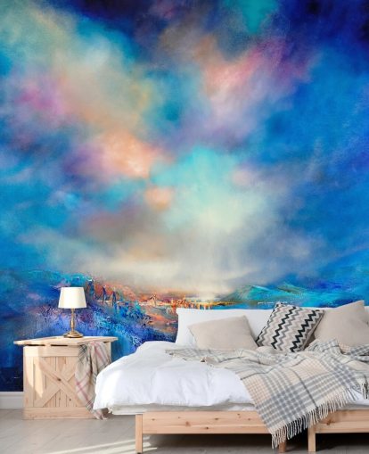 abstract blauw landschap met gouden brug in de verte behang abstract blauw landschap met gouden brug in de verte behang