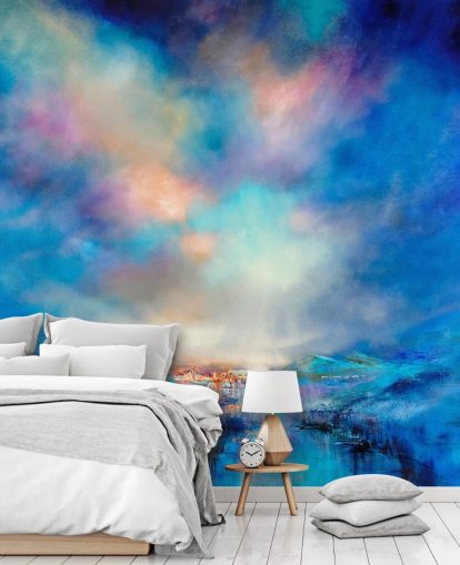 abstract blauw landschap met gouden brug in de verte behang