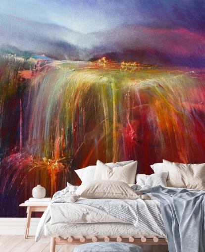 abstract painting of overflowing colour in reds, oranges, pinks, purples wallpaper