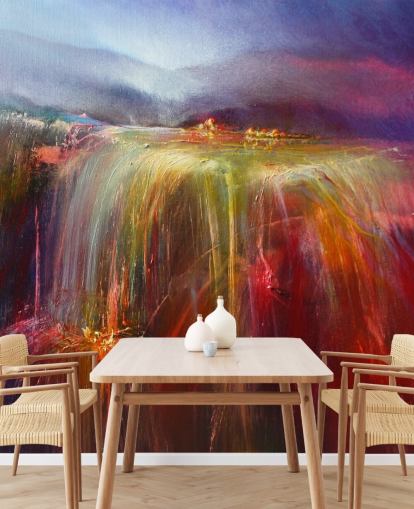 abstract painting of overflowing colour in reds, oranges, pinks, purples wallpaper
