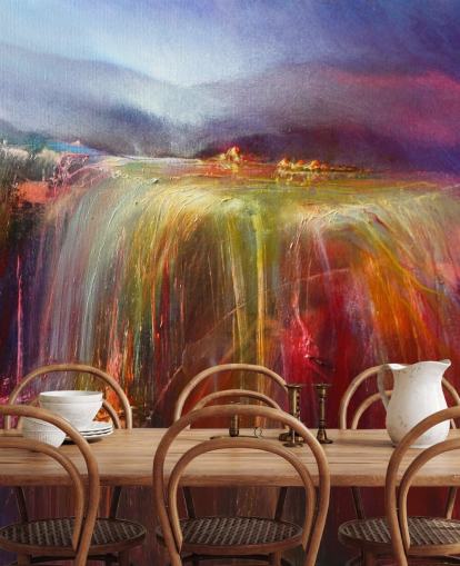 abstract painting of overflowing colour in reds, oranges, pinks, purples wallpaper