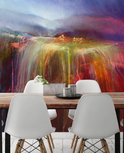 abstract painting of overflowing colour in reds, oranges, pinks, purples wallpaper