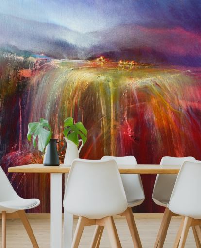 abstract painting of overflowing colour in reds, oranges, pinks, purples wallpaper
