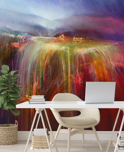 abstract painting of overflowing colour in reds, oranges, pinks, purples wallpaper