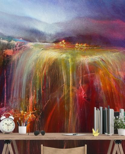 abstract painting of overflowing colour in reds, oranges, pinks, purples wallpaper