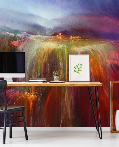 abstract painting of overflowing colour in reds, oranges, pinks, purples wallpaper