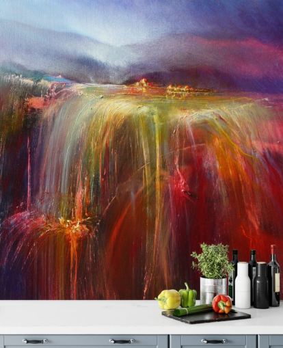 abstract schilderij van overvolle kleur in rood, sinaasappels, roze, paars behang