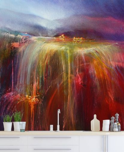 abstract schilderij van overvolle kleur in rood, sinaasappels, roze, paars behang